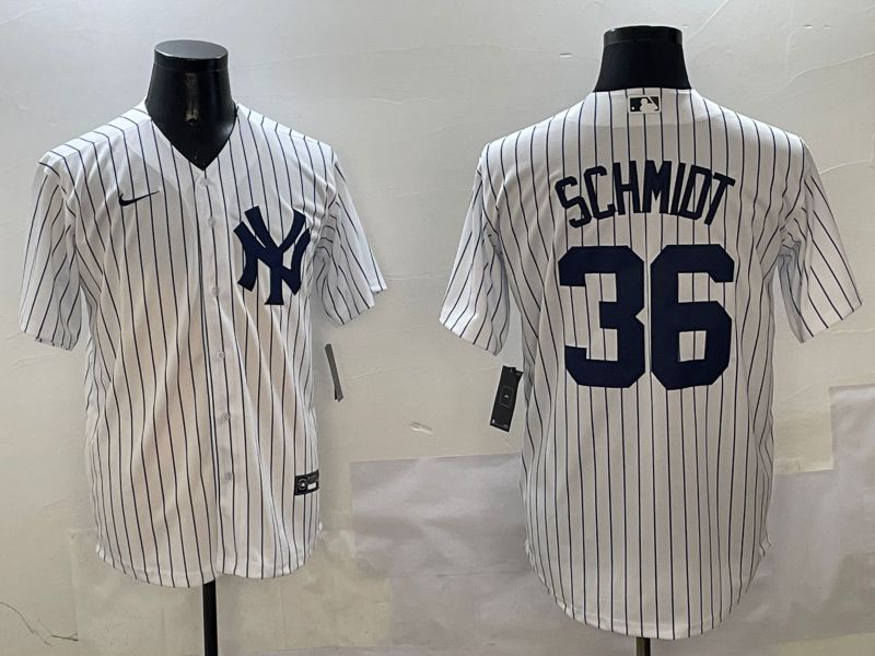 Men New York Yankees 36 Schmidt White Stripe Game 2025 Nike MLB Jersey style 1